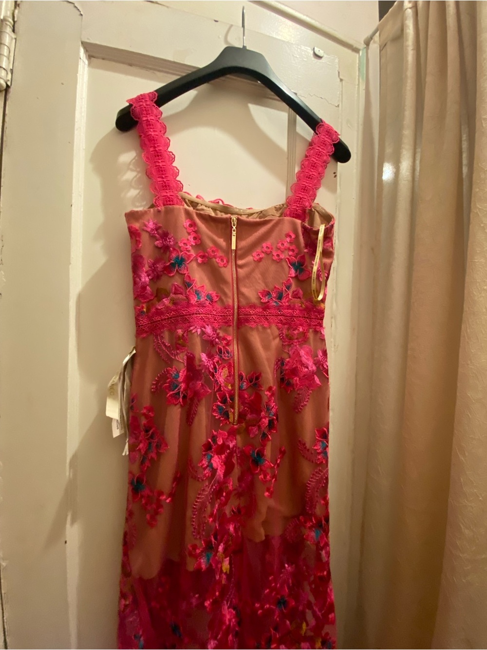 Floral Fuchsia Embroidered Midi Dress with Lace Straps
